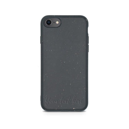 A black Biodegradable Personalized Iphone Case with speckled design and customizable text area, isolated on a white background by Tan Lily.