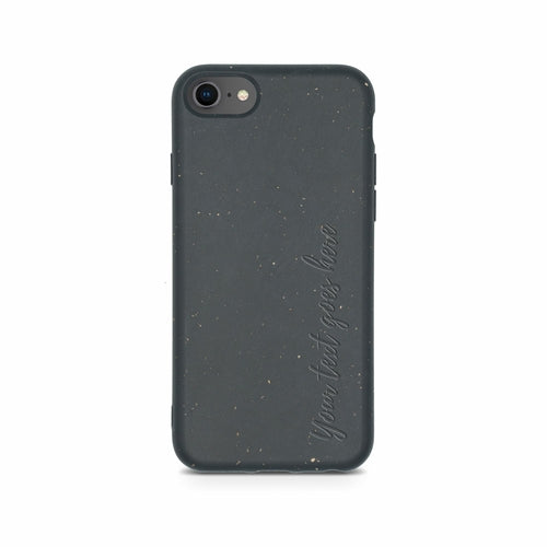 Biodegradable Personalized iPhone case in Black with speckled design and "Your Wish Your Fear" slogan, isolated on a white background by Tan Lily.