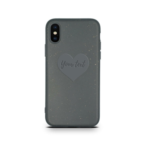 A smartphone case with a speckled gray design and a personalized heart-shaped area containing the text "Your text" - Biodegradable Personalized Iphone Case - Black by Tan Lily.