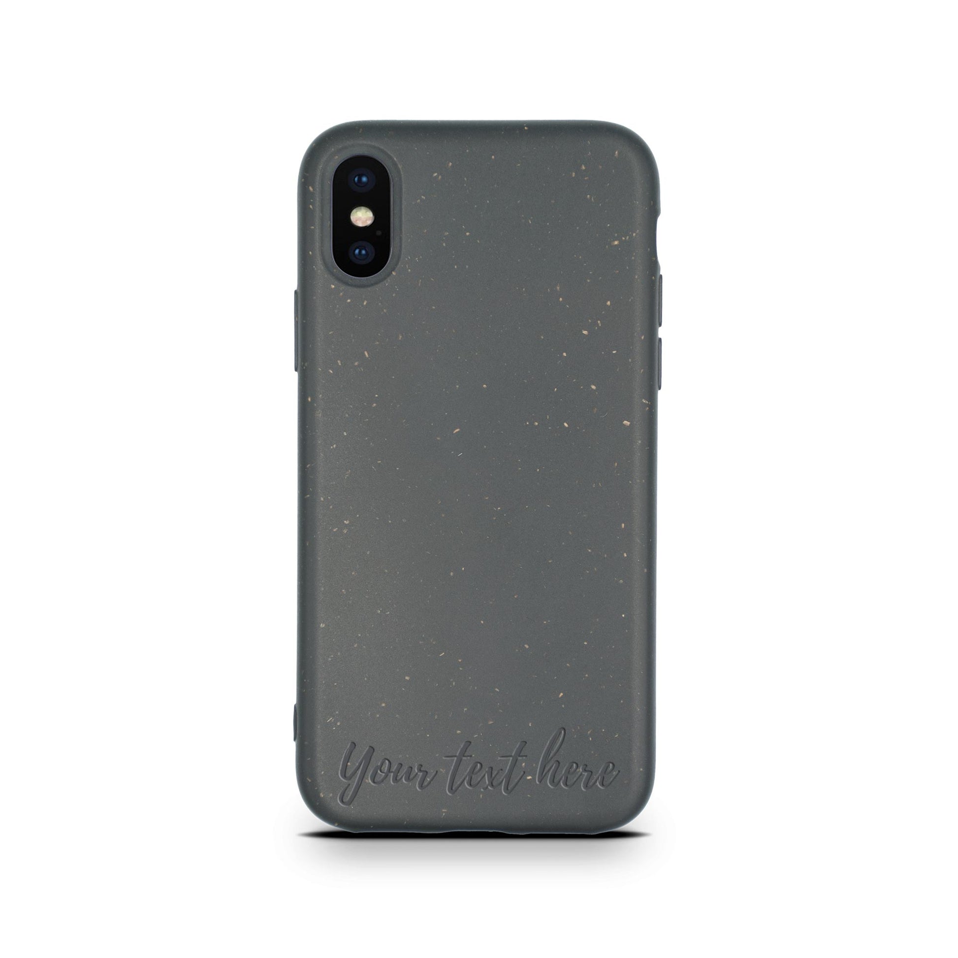 A Tan Lily biodegradable personalized iPhone case with space for personalized text, featuring a speckled gray design, on a white background.