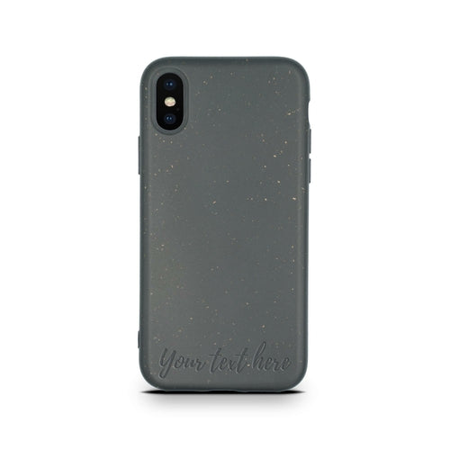 A smartphone with a personalized black Biodegradable Iphone Case by Tan Lily displaying customizable text on a white background.