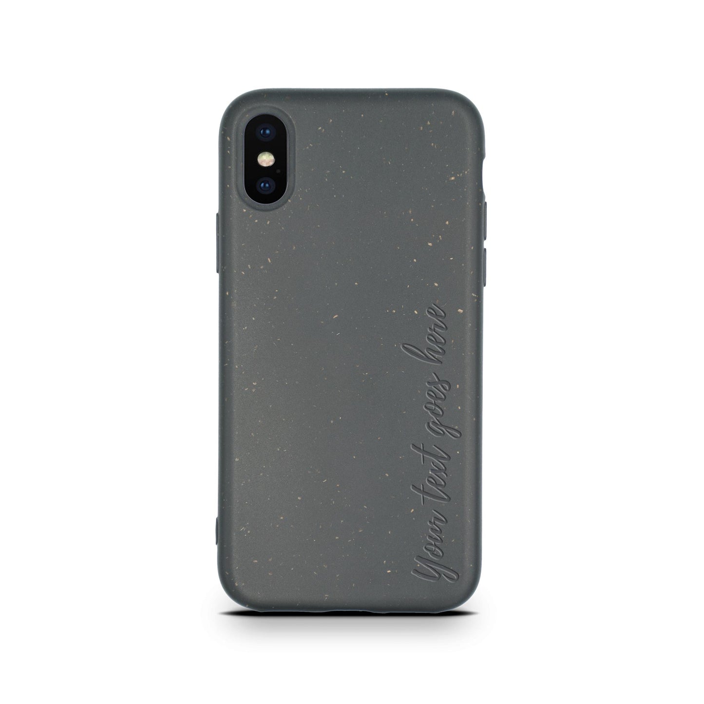 A black eco-friendly smartphone case with speckled design and the text "Your text goes here" on a white background - Biodegradable Personalized Iphone Case by Tan Lily.