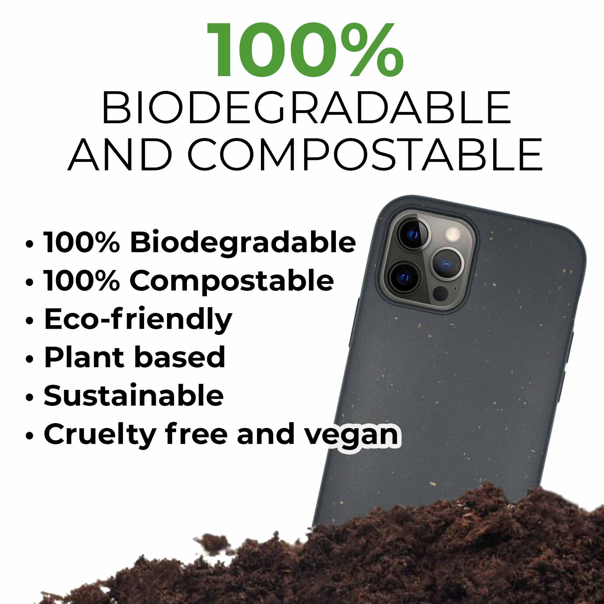A Tan Lily Biodegradable Personalized Iphone Case - Black on soil, with text highlighting it as "100% Biodegradable and Compostable" and listing eco-friendly attributes.