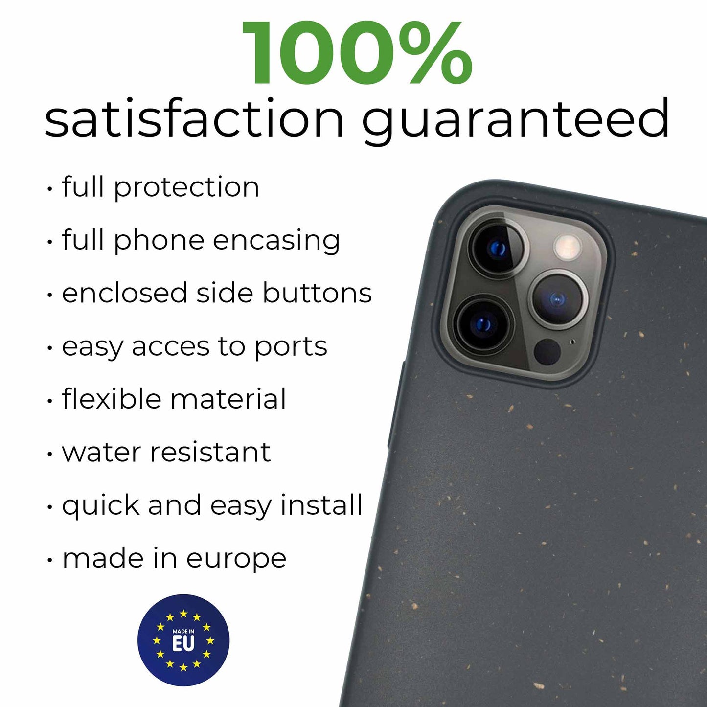 Smartphone with a Tan Lily Biodegradable Personalized iPhone Case - Black featuring gold speckles, displaying camera lenses and side buttons; next to text highlighting case features and EU satisfaction guarantee.