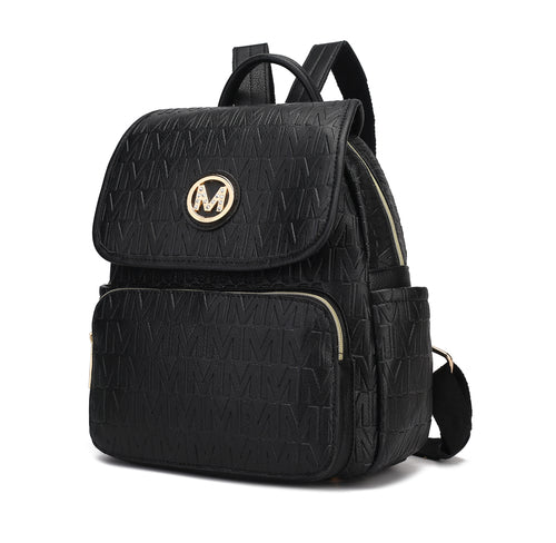 The Pink Orpheus Samantha Backpack is a durable black backpack made from vegan leather, featuring the letter "M" prominently.