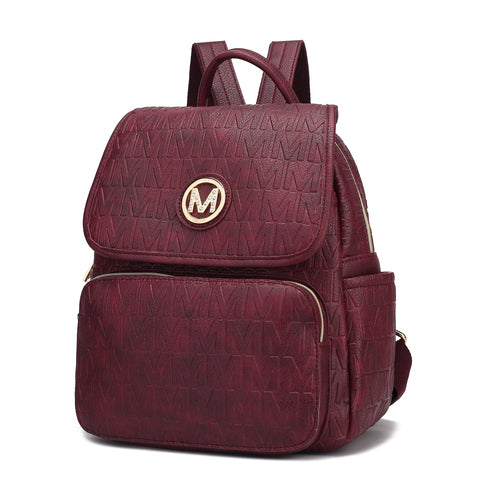 The Pink Orpheus Samantha Backpack Vegan Leather Women is a durable maroon backpack made of vegan leather, featuring the letter "M" on its design.