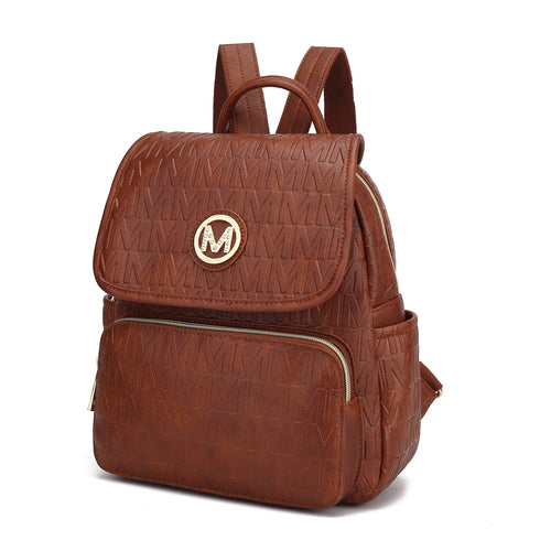 The Pink Orpheus Samantha Backpack Vegan Leather Women is a durable brown backpack with a vegan leather material and features the letter "M" on it.