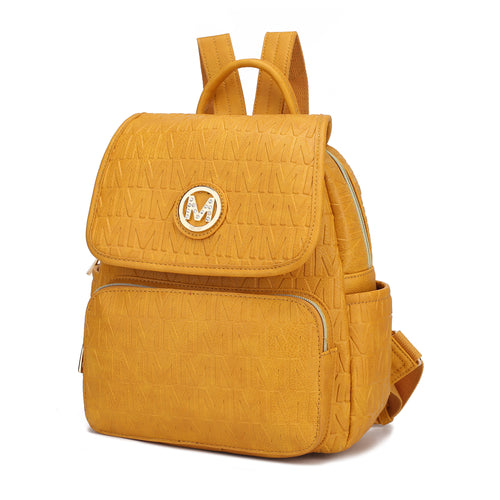 The Pink Orpheus Samantha Backpack Vegan Leather Women is a durable yellow backpack made of vegan leather, featuring a prominent logo on its surface.