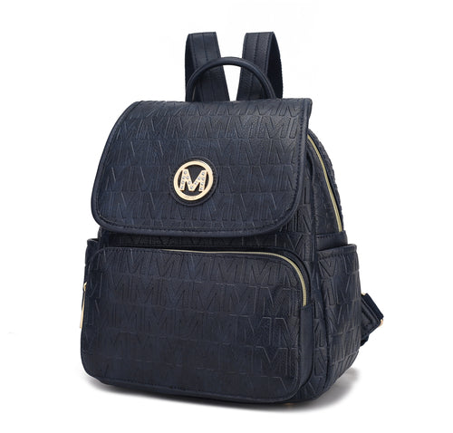 The Pink Orpheus Samantha Backpack is a durable navy blue backpack made from vegan leather, featuring the iconic M logo.
