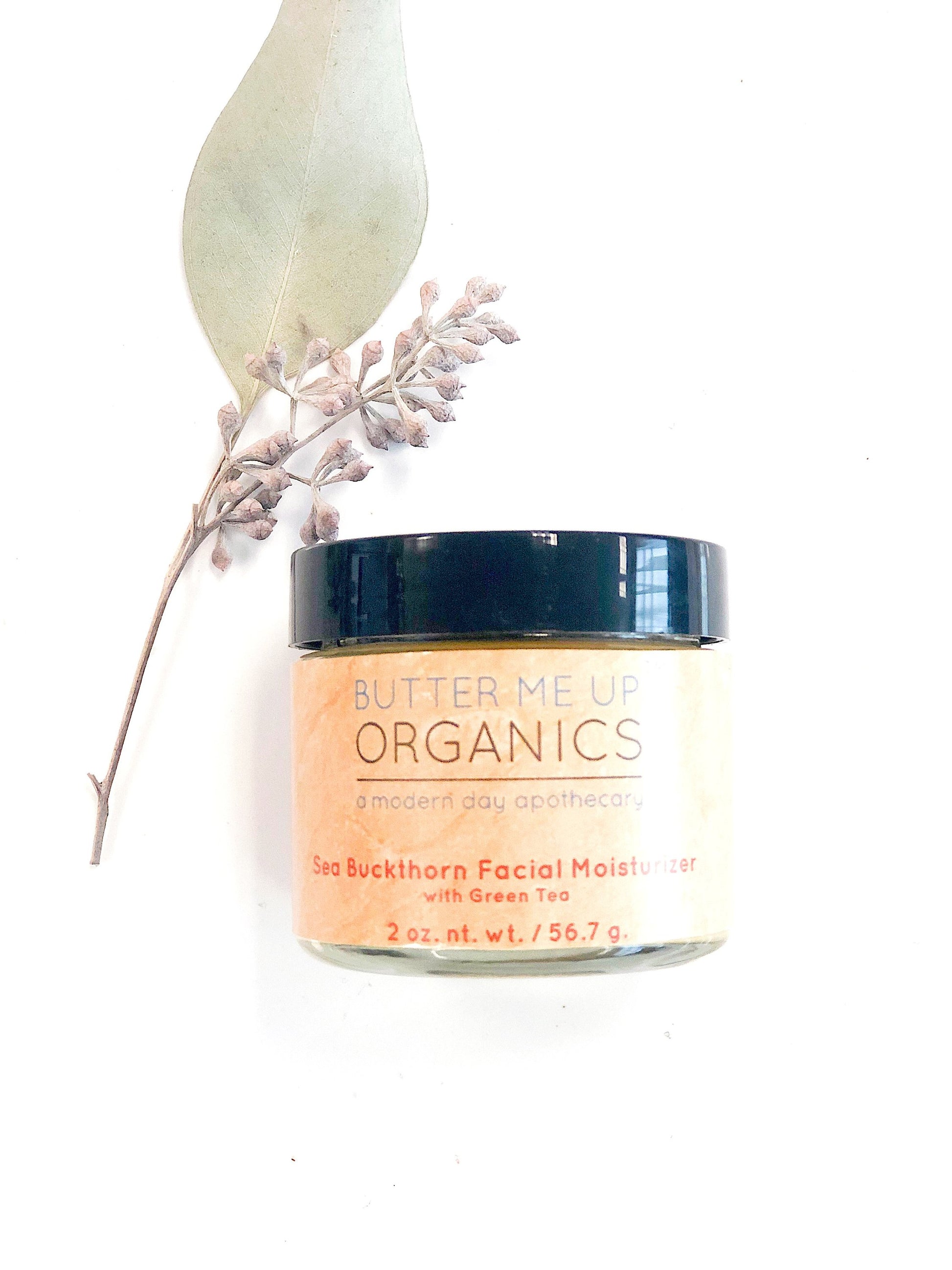 A jar of White Smokey Sea Buckthorn Facial Moisturizer with a leaf next to it.