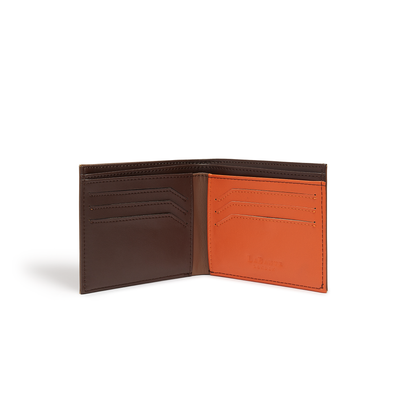 A Jade Azolla Brown - Brave Vegan Bifold Wallet with brown leather on the left side and orange leather on the right side, featuring multiple card slots on each side.