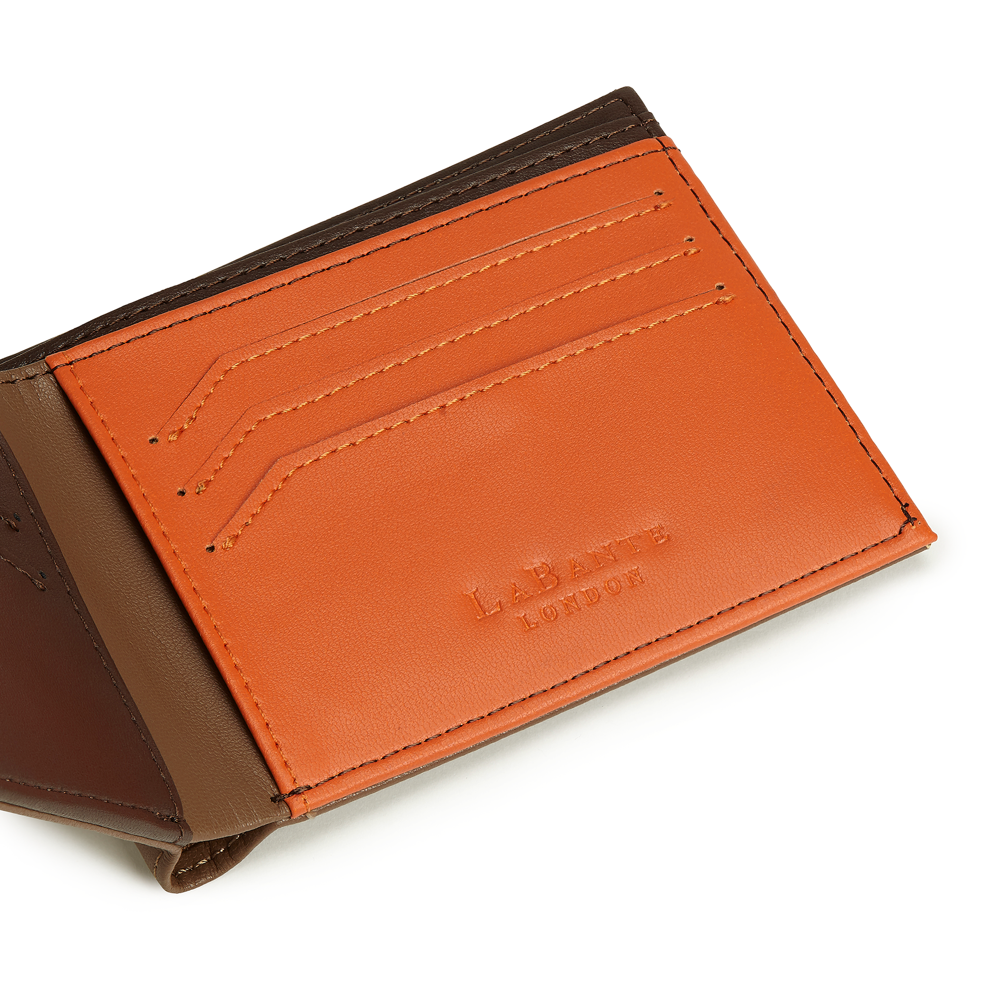 A Brown - Brave Vegan Bifold Wallet opened to reveal an orange interior with multiple card slots embossed with "Jade Azolla.