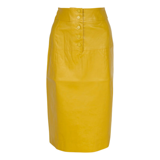 Yellow Glossy Vegan Leather pencil skirt with front button details and a flattering shape by Mauve Daisy.
