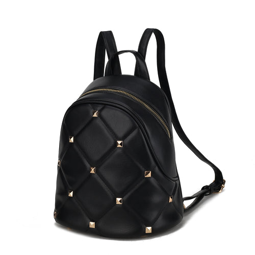 A Hayden Quilted Vegan Leather with Studs Womens Backpack by Pink Orpheus, with adjustable shoulder straps, adorned with gold rivets.