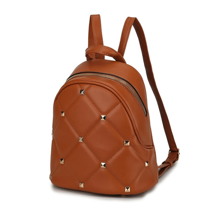 A Pink Orpheus Hayden Quilted Vegan Leather with Studs Womens Backpack with adjustable shoulder straps.