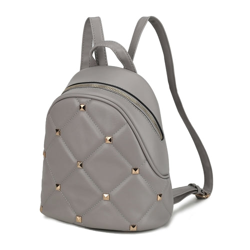 A Hayden Quilted Vegan Leather with Studs Womens Backpack by Pink Orpheus, a grey vegan leather backpack with studded details and adjustable shoulder straps.