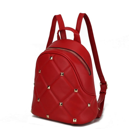 A Hayden Quilted Vegan Leather with Studs Pink Orpheus Womens Backpack, with adjustable shoulder straps and gold rivets.