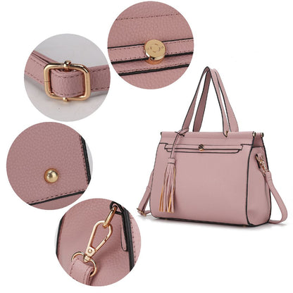 The Pink Orpheus Shelby Satchel Handbag with Wallet Vegan Leather Women is a pink handbag made of vegan leather, featuring a whimsical tassel.