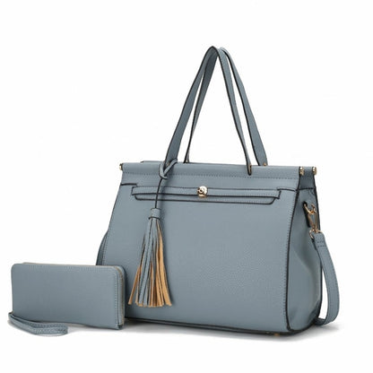 The Pink Orpheus Shelby Satchel Handbag with Wallet Vegan Leather Women is a modern and trendy accessory in a light blue shade. It features a subtle tassel detail and includes a matching wallet. Crafted from high-quality vegan leather.