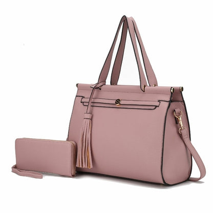 A Pink Orpheus Shelby Satchel Handbag and wallet set with tassels in vegan leather.