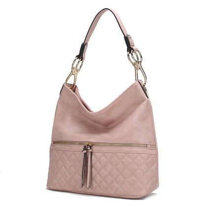 A stylish pink quilted Dalila Vegan Leather Women Shoulder Handbag with gold hardware, made of vegan leather and can be used as a Pink Orpheus hobo bag.