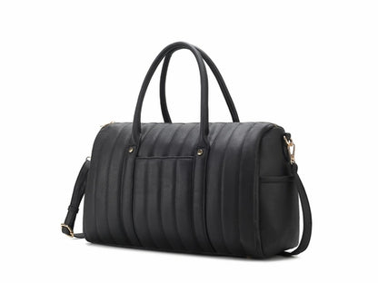 A Luana Quilted Vegan Leather Women's Duffle Bag by Pink Orpheus, with a shoulder strap.