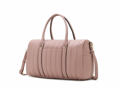 A Luana Quilted Vegan Leather Women's Duffle Bag by Pink Orpheus with two handles and a zipper.