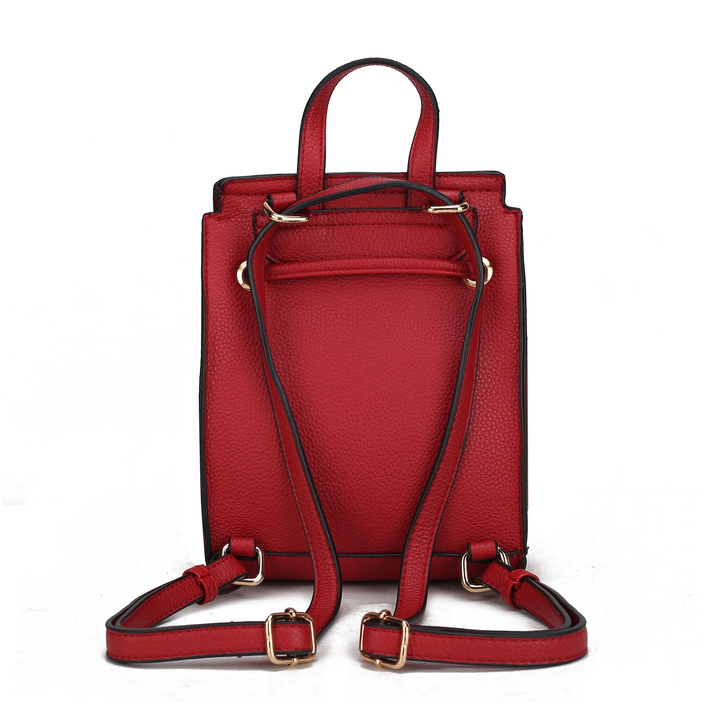 A classy Pink Orpheus Serafina Vegan Leather Womens Backpack in pebble vegan leather with straps and buckles, adorned in a bold red color.