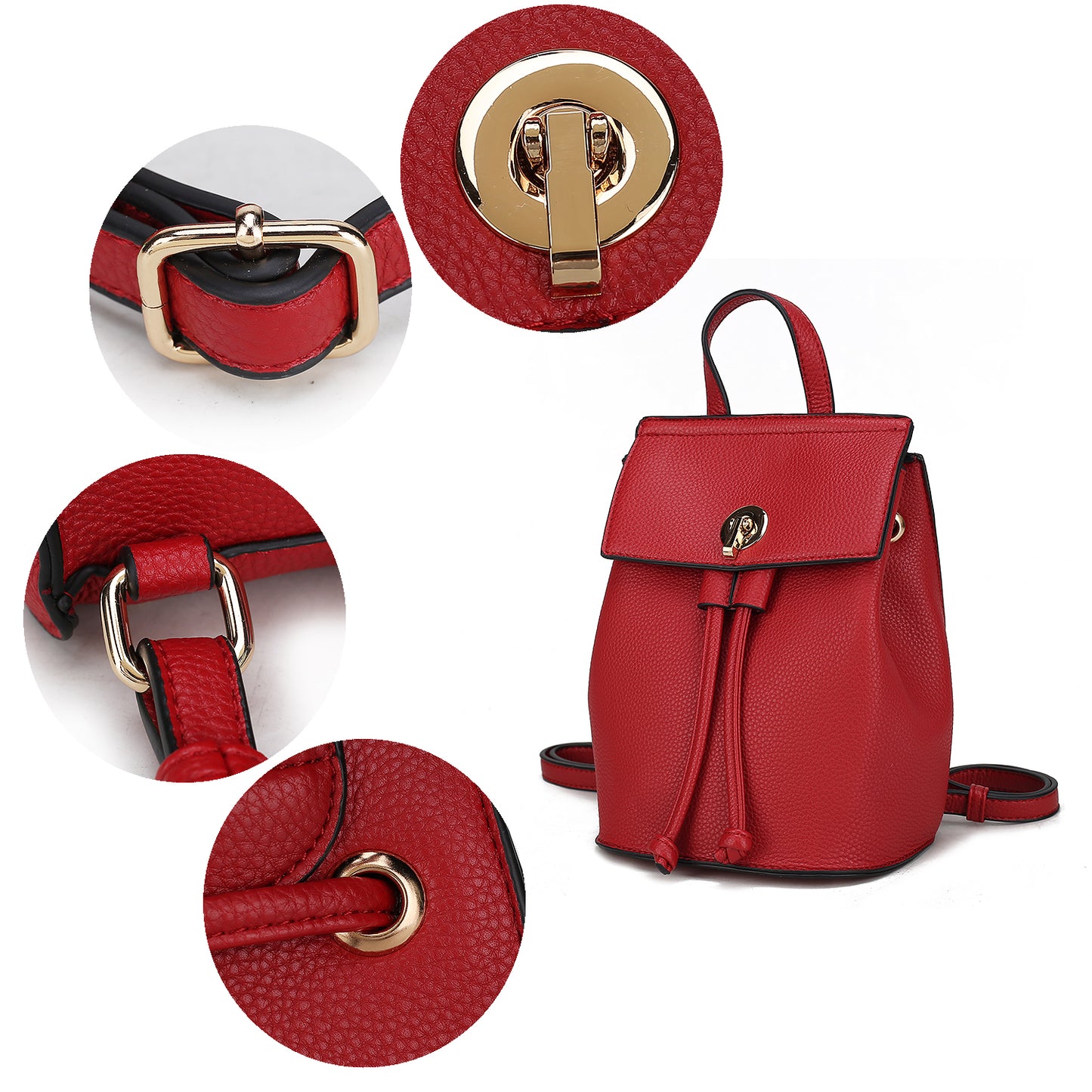 A classy Pink Orpheus Serafina Vegan Leather Womens Backpack in red vegan leather with a metal buckle.