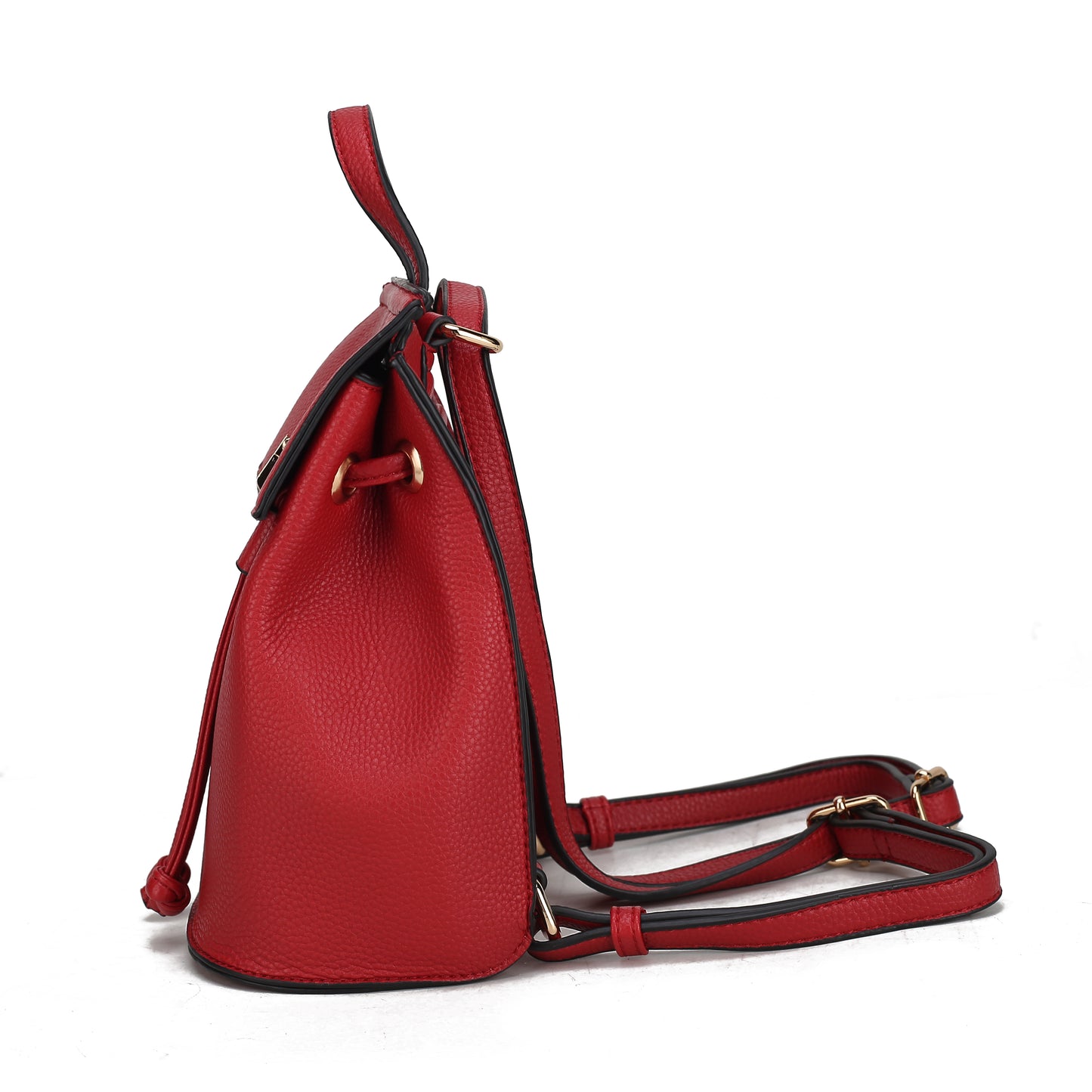 The Pink Orpheus Serafina Vegan Leather Womens Backpack is a classy red leather backpack, designed with straps and buckles, crafted from pebble vegan leather.