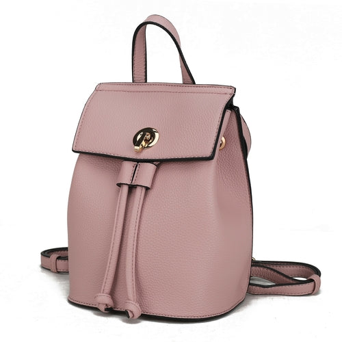 A classy pink vegan leather Pink Orpheus Serafina Vegan Leather Womens Backpack with a strap and buckle.