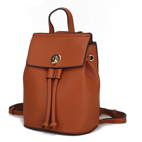 A classy Pink Orpheus Serafina Vegan Leather Womens Backpack made of tan pebble vegan leather, featuring a drawstring closure.