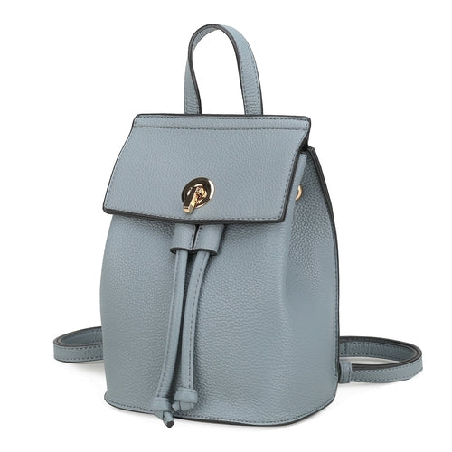 A classy light blue Serafina Vegan Leather Womens backpack with a gold buckle by Pink Orpheus.