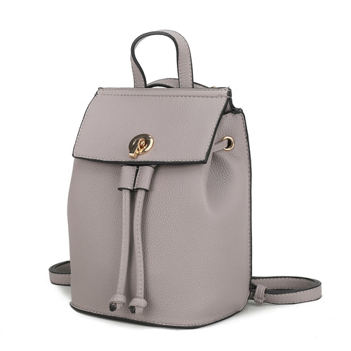 A classy Pink Orpheus Serafina Vegan Leather Womens Backpack in pebble vegan leather, featuring a gold buckle.