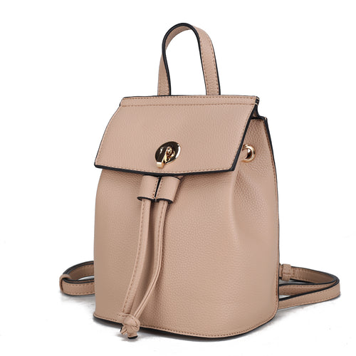 The Pink Orpheus Serafina Mini Backpack is a classy beige backpack crafted from pebble vegan leather, featuring a strap and buckle for added functionality.