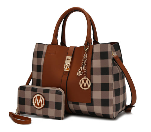 A Yuliana Checkered Satchel Bag with Wallet Vegan Leather Women and Pink Orpheus handbag and wallet set.