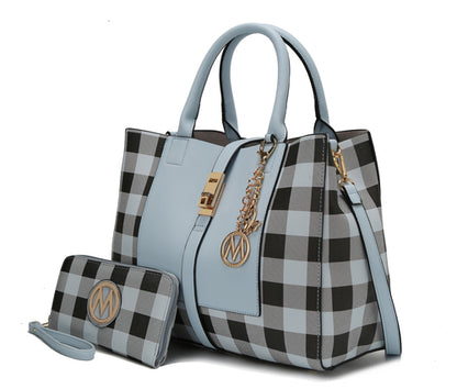 A Yuliana Checkered Satchel Bag with Wallet Vegan Leather Women, featuring a blue and black plaid design by Pink Orpheus.