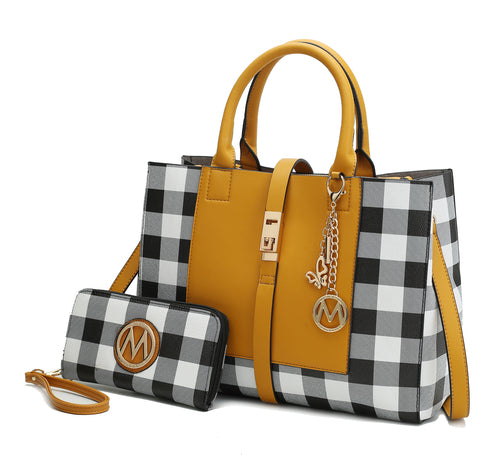 A Yellow and black Yuliana Checkered Satchel Bag with Wallet Vegan Leather Women set by Pink Orpheus.