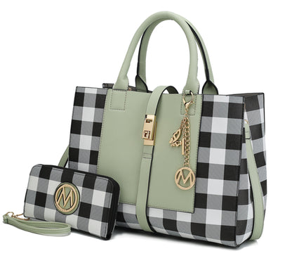 A Yuliana Checkered Satchel Bag with Wallet Vegan Leather Women Pink Orpheus handbag and wallet set featuring a black and white checkered pattern.