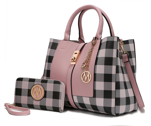 A Yuliana Checkered Satchel Bag with Wallet vegan leather women handbag and wallet set by Pink Orpheus.