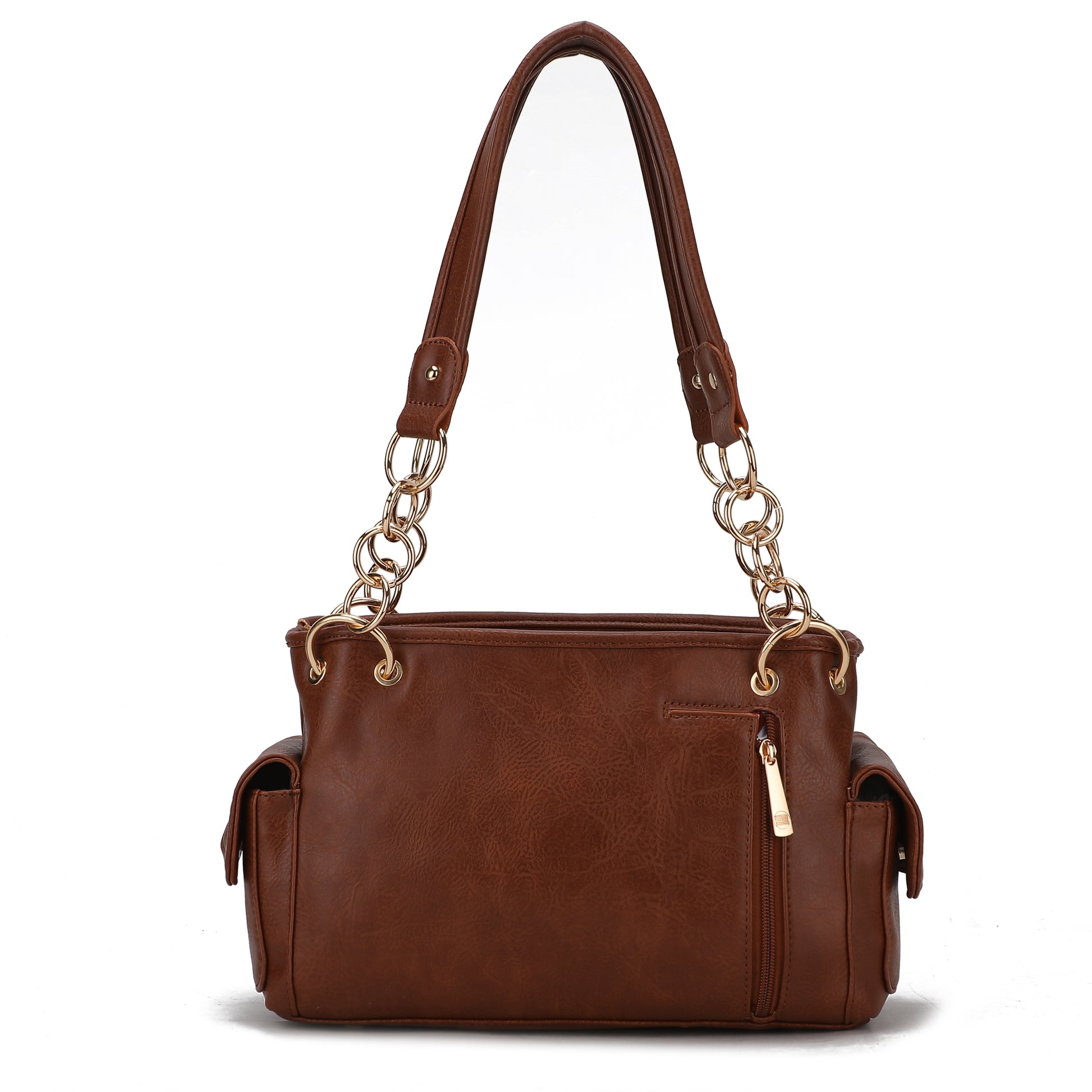 The Pink Orpheus Alaina Vegan Leather Women's Flag Shoulder Bag is a stunning brown handbag that combines style and functionality. Made from vegan leather, this bag features a chain handle.