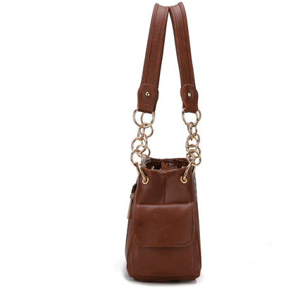 The Pink Orpheus Alaina Vegan Leather Women's Flag Shoulder Bag combines style and functionality in a brown handbag with a chain handle. Made from high-quality vegan leather, this bag is both fashionable and cruelty-free.