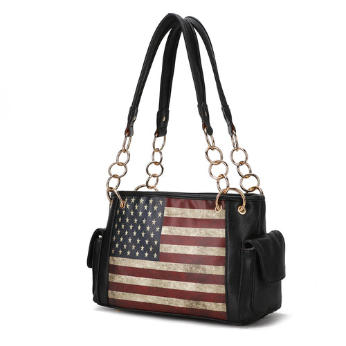 The Pink Orpheus Alaina Vegan Leather Women's Flag Shoulder Bag is a perfect blend of style and functionality. This American flag handbag features a convenient chain strap for easy carrying.