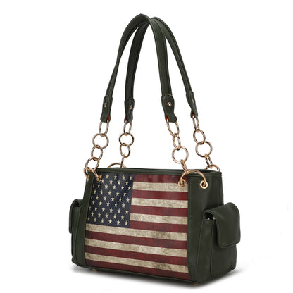The Pink Orpheus Alaina Vegan Leather Women's Flag Shoulder Bag combines style and functionality with its green American flag design.