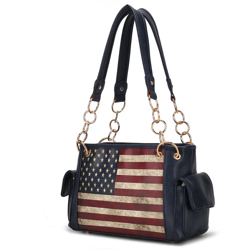 The Pink Orpheus Alaina Vegan Leather Women's Flag Shoulder Bag combines style and functionality with its eye-catching American flag design. Made of high-quality vegan leather, this handbag is both fashion-forward and cruelty-free.