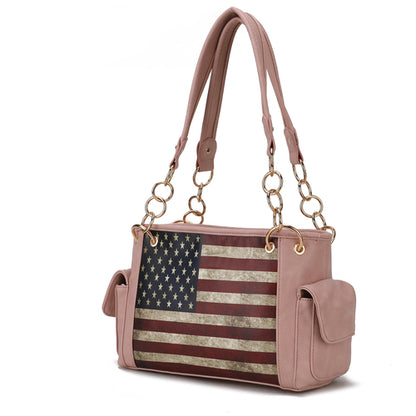 A stylish and functional Pink Orpheus Alaina Vegan Leather Women’s Flag Shoulder Bag with an American flag design.