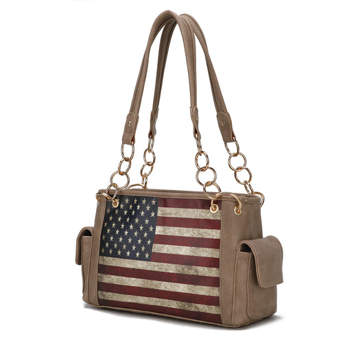 The Pink Orpheus Alaina Vegan Leather Women's Flag Shoulder Bag combines style and functionality with an American flag design.