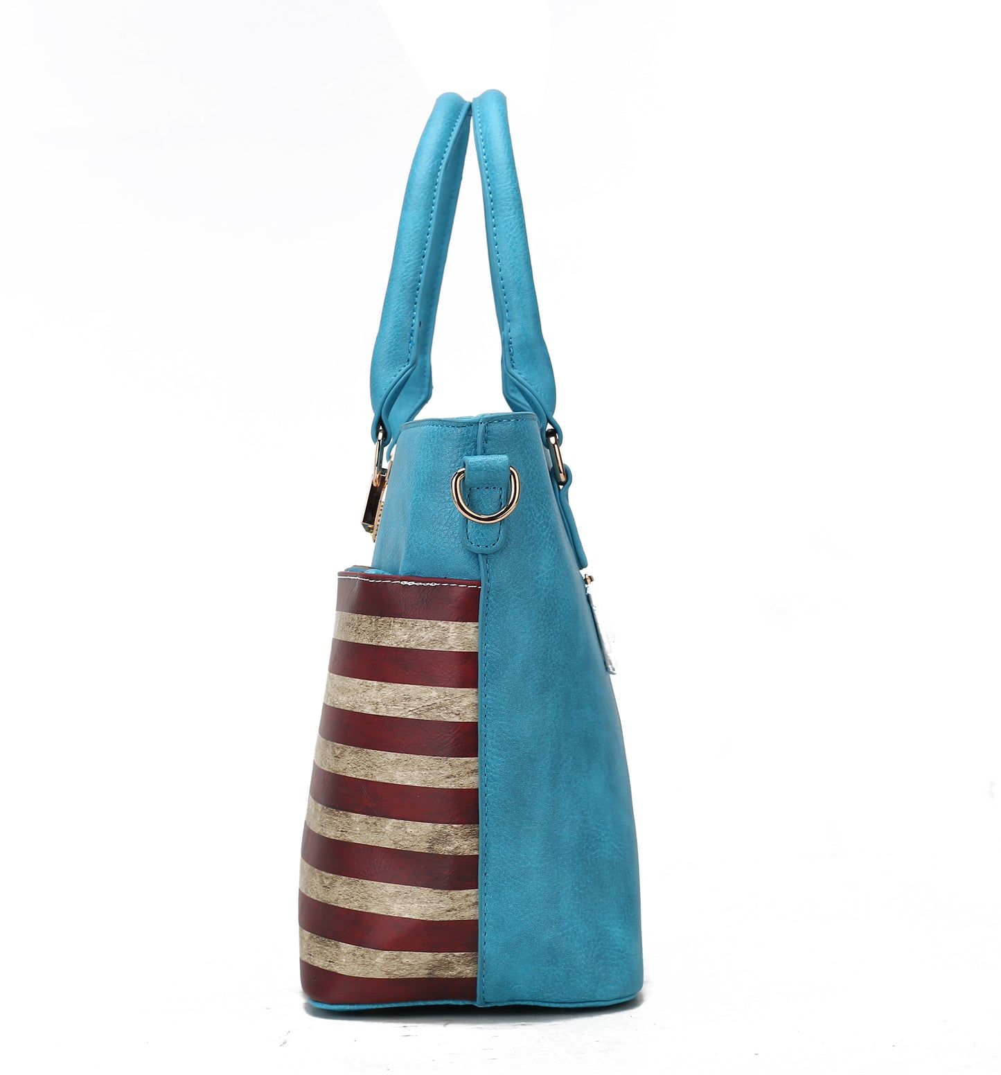 A blue handbag with a red, white and blue stripe inspired by the US flag: Pink Orpheus Lilian Vegan Leather Womens US FLAG Tote Bag.