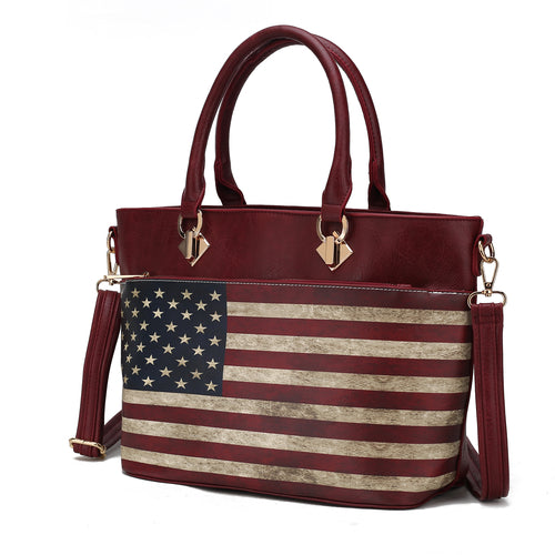 Sentence with replacement: Lilian Vegan Leather Womens US FLAG Tote Bag by Pink Orpheus in burgundy color.