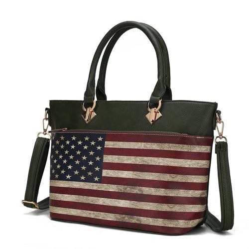A black vegan leather tote bag with an American flag design on the front pocket, such as the Lilian Vegan Leather Womens US FLAG Tote Bag by Pink Orpheus.